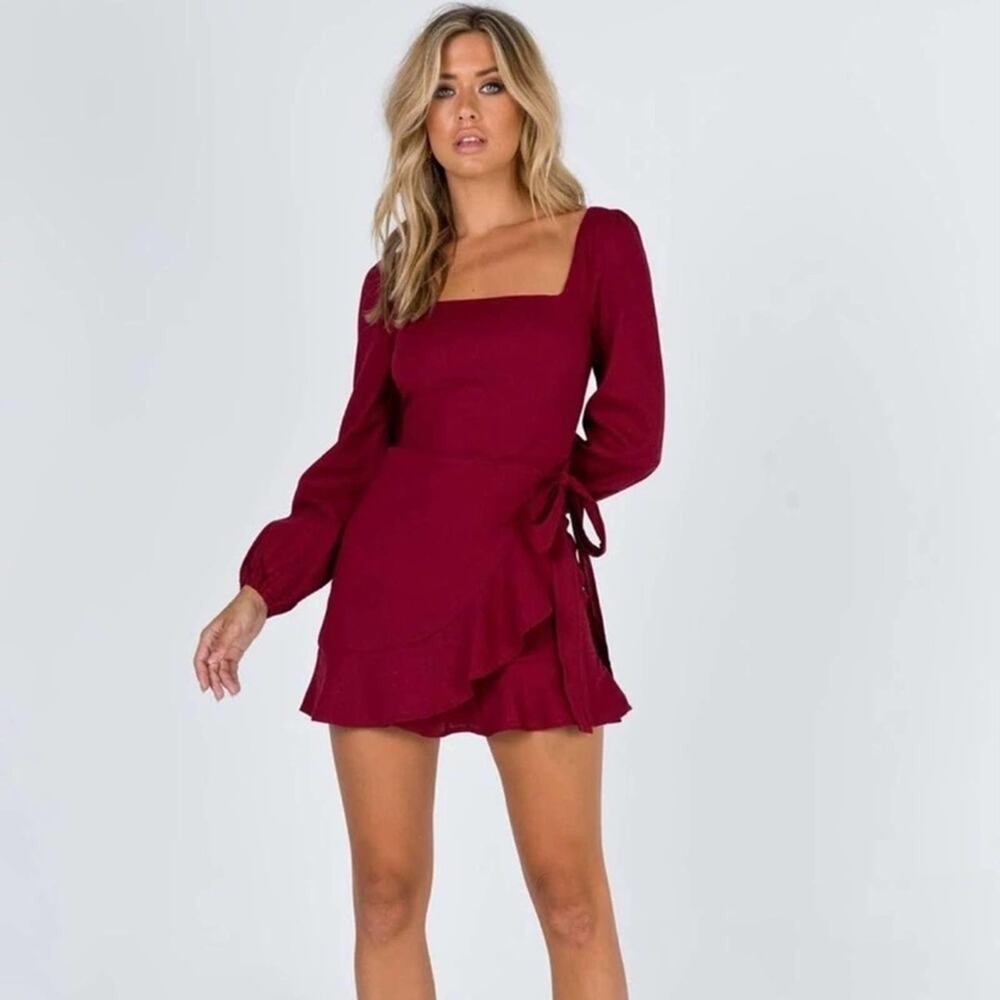Princess Polly Maroon Linen Blend wrap Dress Size 4 - Picture 4 of 4